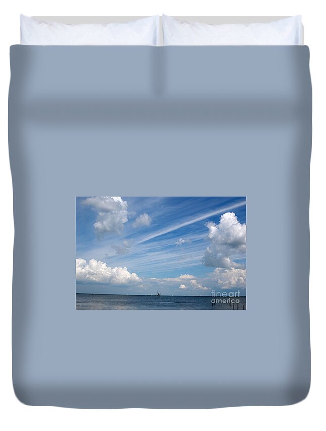 Painterly Sky Blue Clouds Pattern Speed Wind Boat Yacht Horizon  Duvet Cover featuring the photograph Drama in the sky by Vilas Malankar