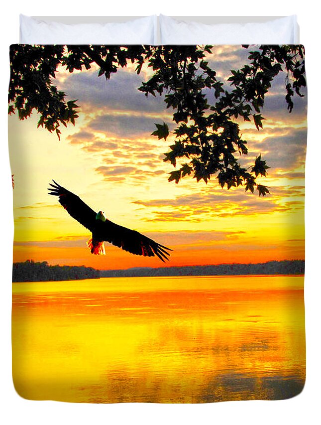 Eagle Up Close At Sundown Duvet Cover featuring the photograph Eagle at sunset by Randall Branham