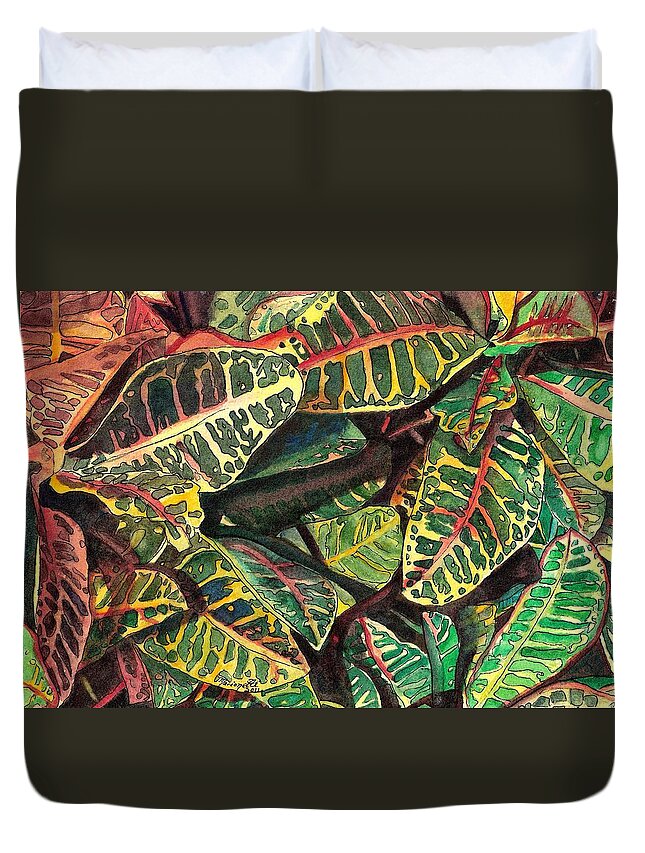 Croton Duvet Cover featuring the painting Elena's Crotons by Marionette Taboniar