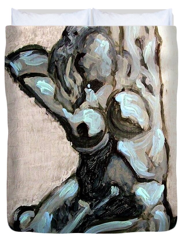 Expressionistic Duvet Cover featuring the painting Emerald Green and Blue Expressionist Nude Female Figure Painting Filled with Emotion and Movement by MendyZ M Zimmerman