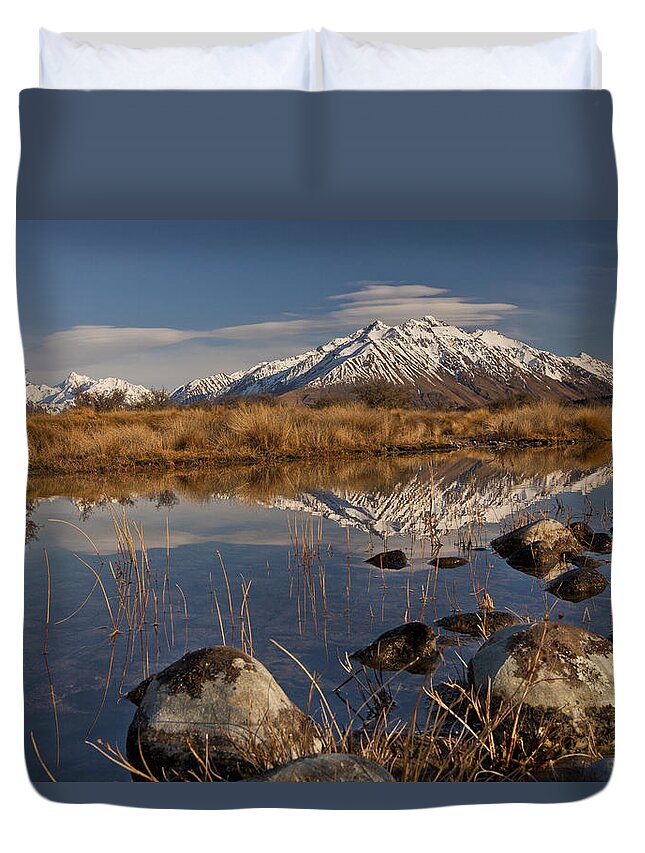 Hhh Duvet Cover featuring the photograph Erwhon Station Reflection In Branch by Colin Monteath