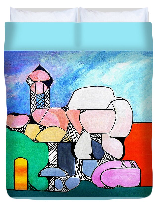 Tower Duvet Cover featuring the painting Evolution of Time by Gloria Dietz-Kiebron