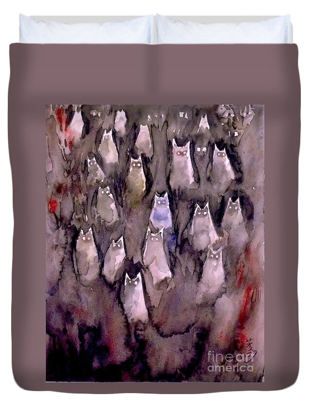 Cat Duvet Cover featuring the painting Eyes Are Wathching -2 by Yoshiko Mishina