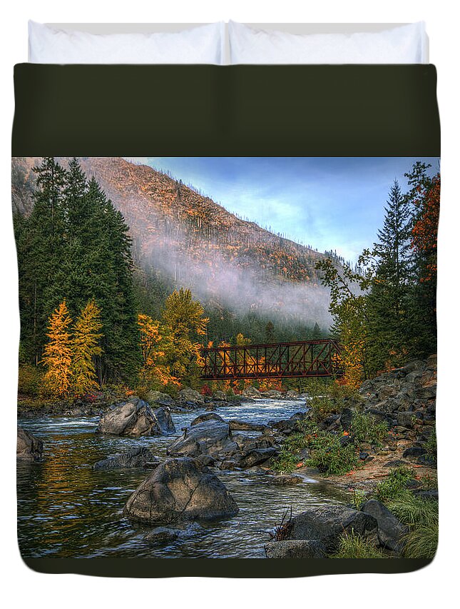 Hdr Duvet Cover featuring the photograph Fall up the Tumwater by Brad Granger