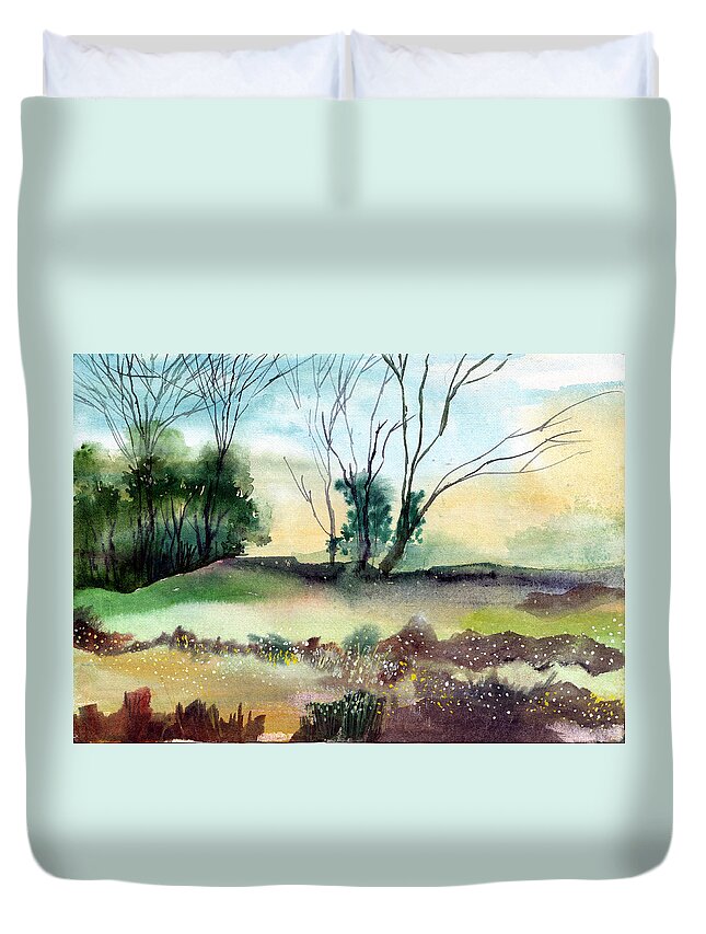 Tree Duvet Cover featuring the painting Far Beyond by Anil Nene