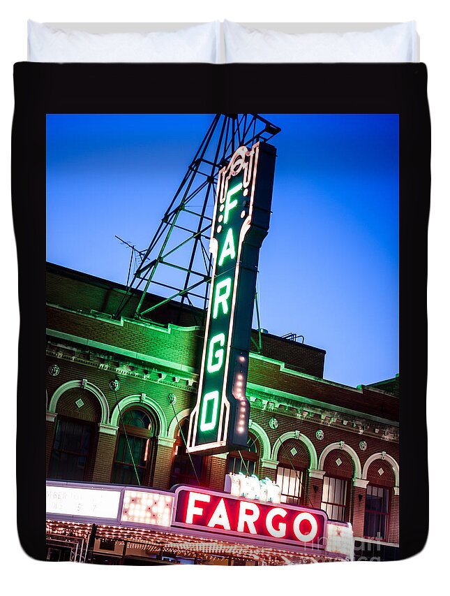 America Duvet Cover featuring the photograph Fargo ND Theatre Marquee at Night Photo by Paul Velgos