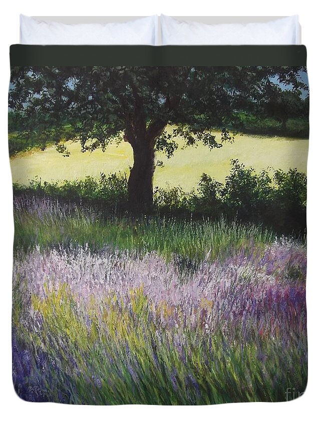 Lavender Duvet Cover featuring the painting Fields of Lavender, England by Lizzy Forrester