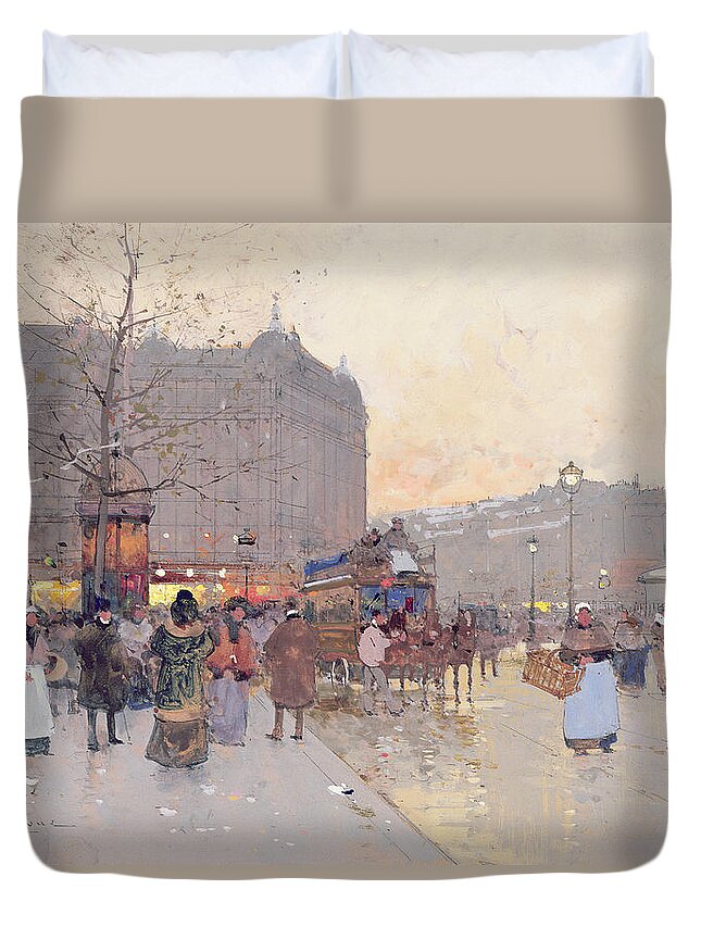 Figures In The Place De La Bastille Duvet Cover featuring the painting Figures in the Place de la Bastille by Eugene Galien-Laloue