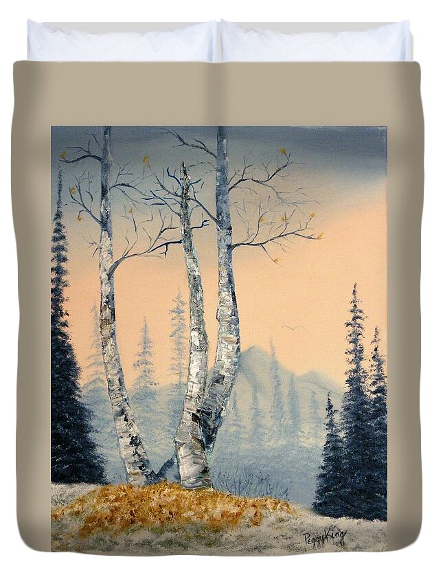 Mountains Duvet Cover featuring the painting First Kiss of Winter by Peggy King