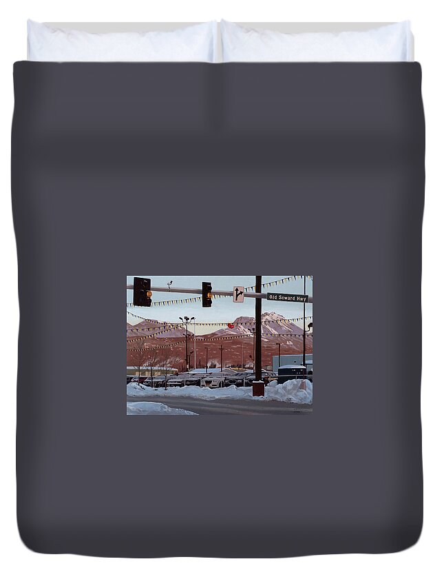 Landscape Duvet Cover featuring the painting Flattop Mountain from Old Seward Hwy by Craig Morris