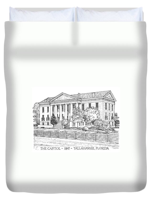 Tallahassee Duvet Cover featuring the drawing Florida Capitol 1847 by Audrey Peaty