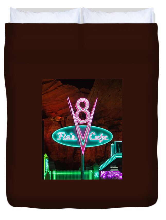 Disney Duvet Cover featuring the photograph Flo's V8 Cafe - Cars Land - Disneyland by Heidi Smith