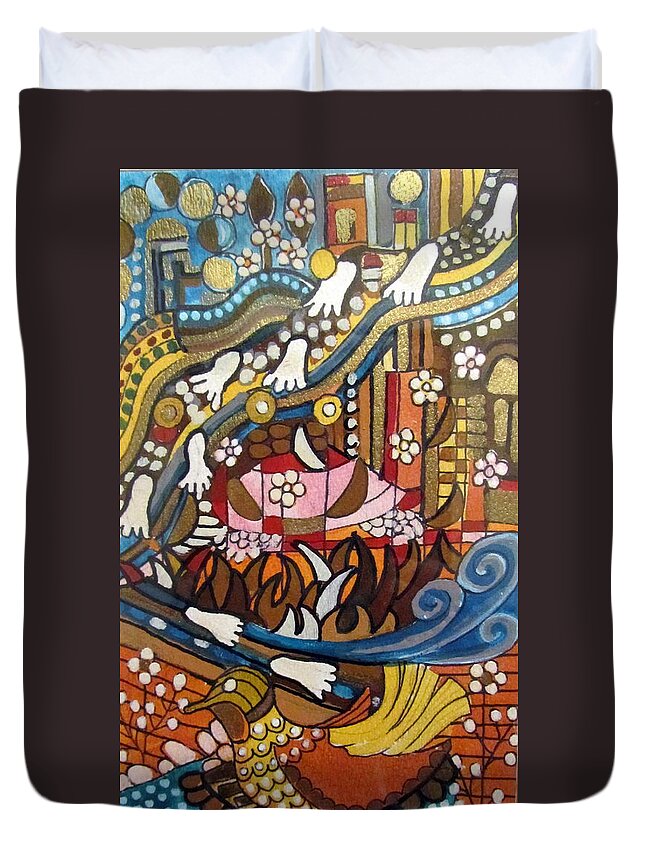 Footsteps Duvet Cover featuring the painting Footsteps to Peace colorful abstract symbolism with urban cityscape path tracks bird dove by Rachel Hershkovitz