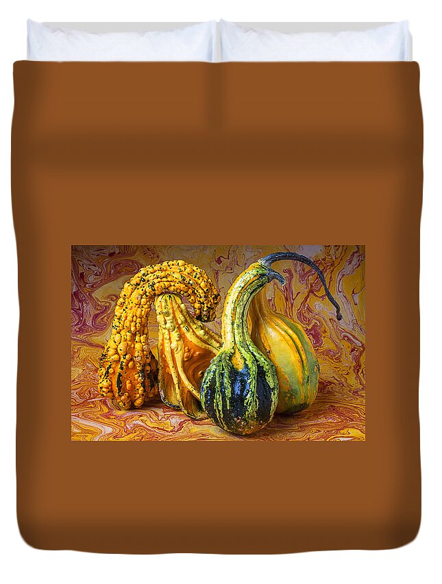 Four Green Duvet Cover featuring the photograph Four Gourds by Garry Gay
