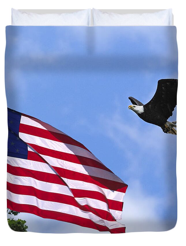 Eagle Flag Blue Sky Duvet Cover featuring the photograph Freedom Feeds The Family by Randall Branham