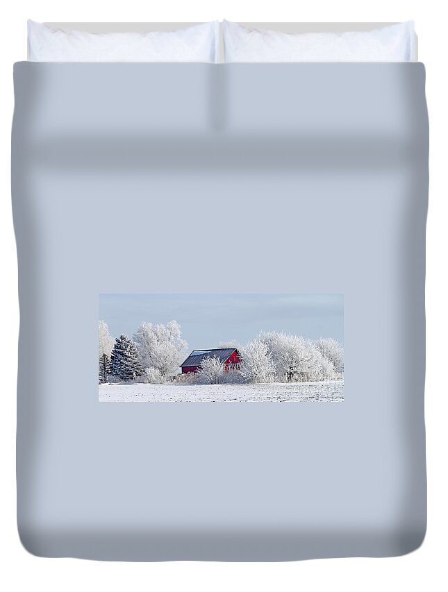 Frosty Duvet Cover featuring the photograph Frosty Morning on Red Barn by Jack Schultz