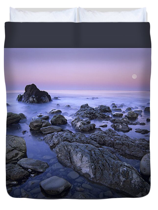 00175770 Duvet Cover featuring the photograph Full Moon Over Boulders At El Pescador by Tim Fitzharris