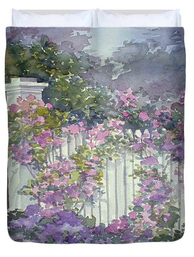 Garden Duvet Cover featuring the painting Garden Gate roses by Audrey Peaty