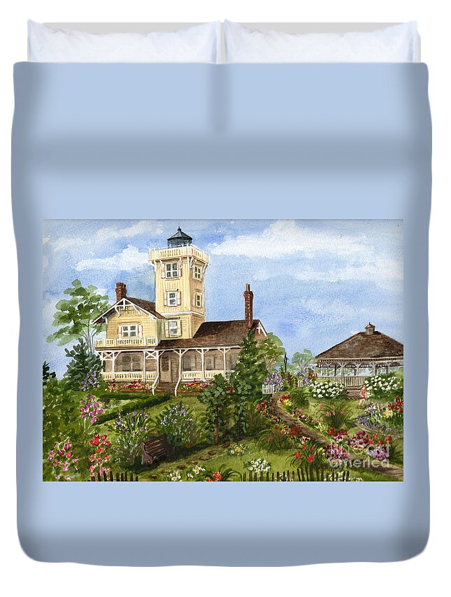 Hereford Inlet Lighthouse Duvet Cover featuring the painting Gardens at Hereford Inlet Lighthouse by Nancy Patterson
