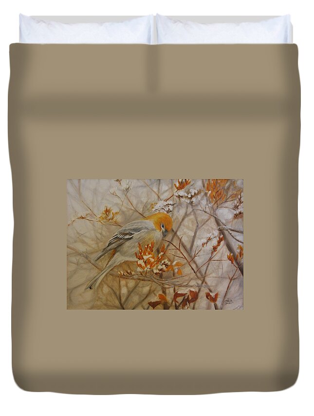 Pine Grosbeak Duvet Cover featuring the painting Generous Provision by Tammy Taylor