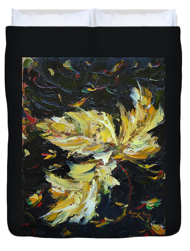 Leaf Duvet Cover featuring the painting Golden Flight by Judith Rhue