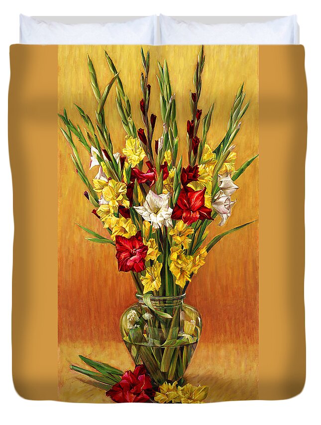  Duvet Cover featuring the painting Golden Gladiolus in Red by Nancy Tilles