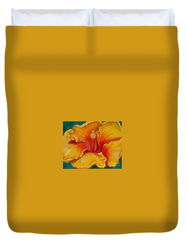 Golden Duvet Cover featuring the painting Golden Hibiscus by Audrey Peaty