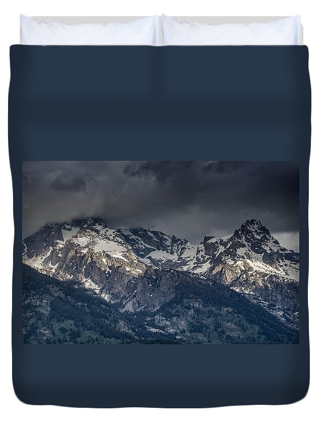 Grand Tetons National Park Duvet Cover featuring the photograph Grand Tetons Immersed in Clouds by Greg Nyquist