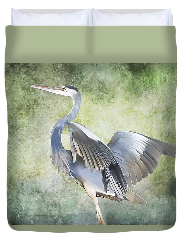 Heron; Great; Blue; Bird; Fowl; Waterfowl; Tropical; Tropic; Flight; Fly; Flying; Wings; Winged; Portrait; Swamp; Swampland; Marsh; Marshland; Landscape; Animal; Creature Duvet Cover featuring the digital art Great Blue Heron by Frances Miller