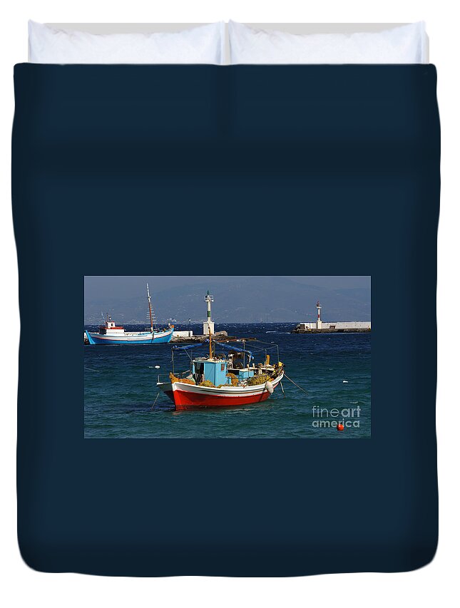 Greece Duvet Cover featuring the photograph Greek Fishing Boats Mykonos by Bob Christopher