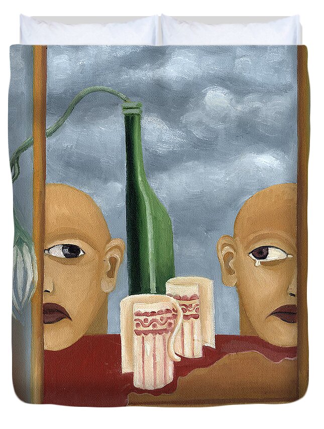 Green Duvet Cover featuring the painting Green bottle Agony surrealistic artwork with crying heads cut cups flowing red wine or blood frame  by Rachel Hershkovitz