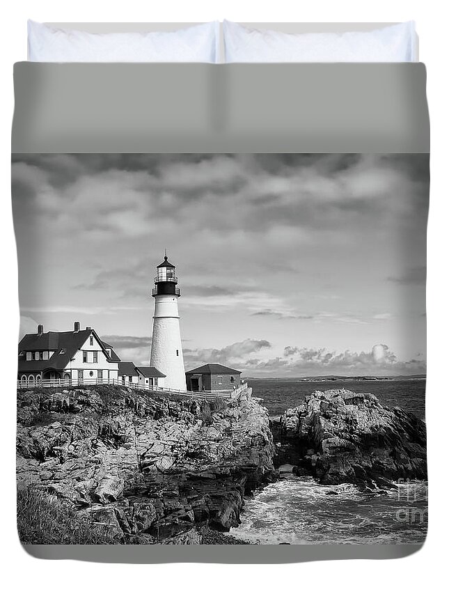 Lighthouse Duvet Cover featuring the photograph Guarding Ship Safety bw by Sue Karski