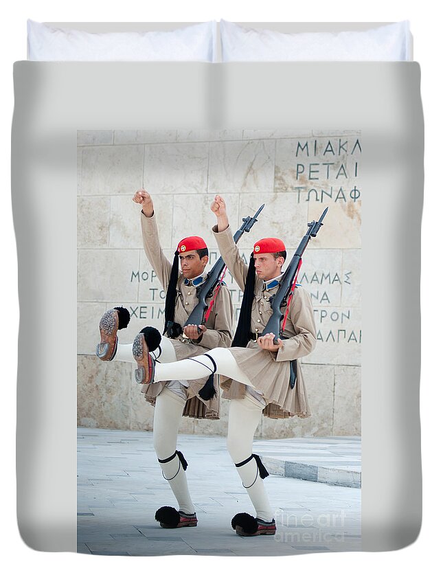 Athens Duvet Cover featuring the photograph Guards parade at Syntagma square by Andrew Michael