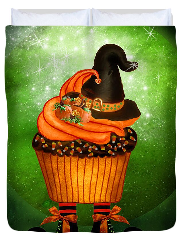 Halloween Duvet Cover featuring the mixed media Halloween - Witch Cupcake by Carol Cavalaris