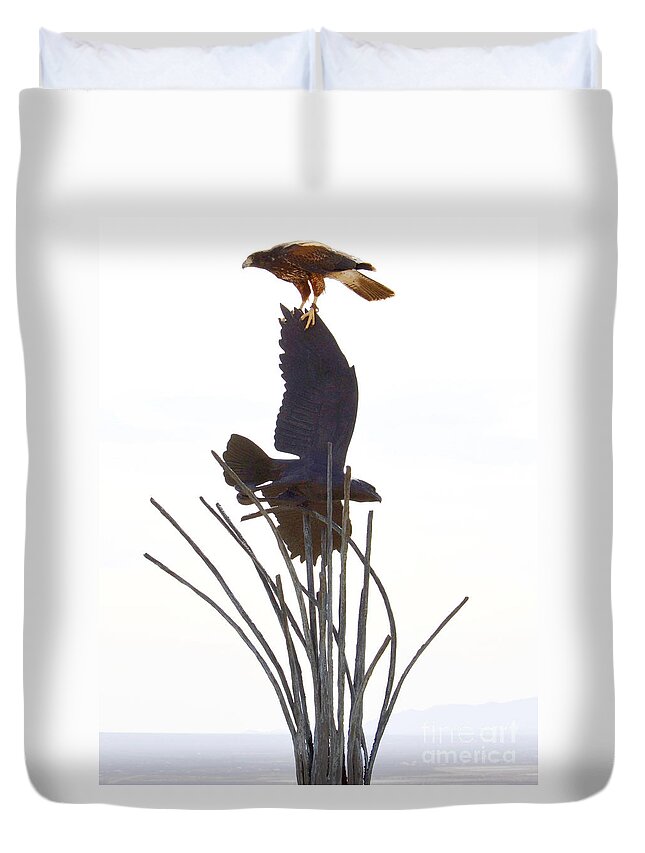 Hawk Duvet Cover featuring the photograph Hawk on statue by Rebecca Margraf