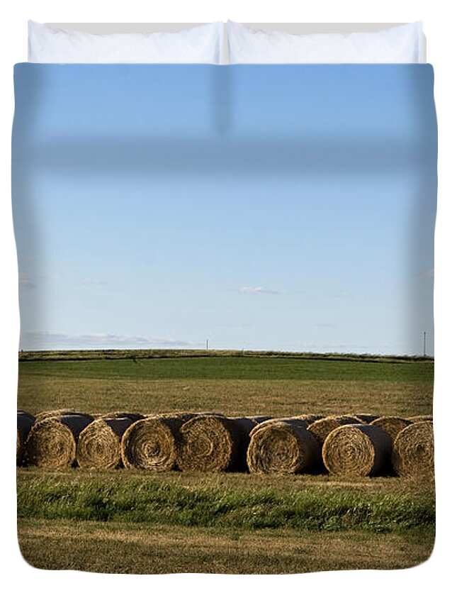 Farm Duvet Cover featuring the photograph Hay Rolls Big Sky by Lorraine Devon Wilke