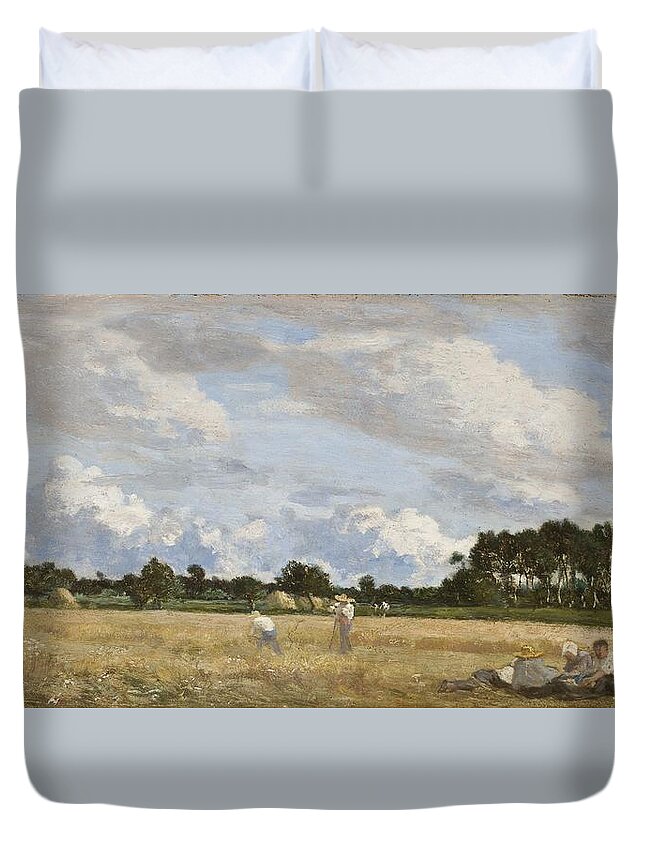France Duvet Cover featuring the painting Haymaking by Eugene Louis Boudin