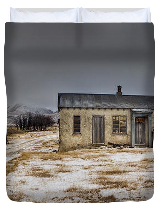 00463031 Duvet Cover featuring the photograph Historic Farm After Snowfall Otago New by Colin Monteath