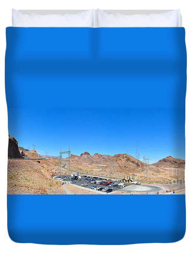 Lake Meade Duvet Cover featuring the photograph Visitors parking lot for Great Bridge at Hoover Dam by Dejan Jovanovic