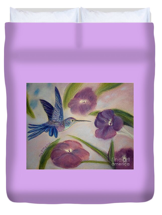 Hummingbird Duvet Cover featuring the pastel Hummingbird in Purple Flowers by Julie Brugh Riffey