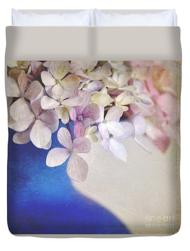 Hydrangeas Duvet Cover featuring the photograph Hydrangeas in deep blue vase by Lyn Randle