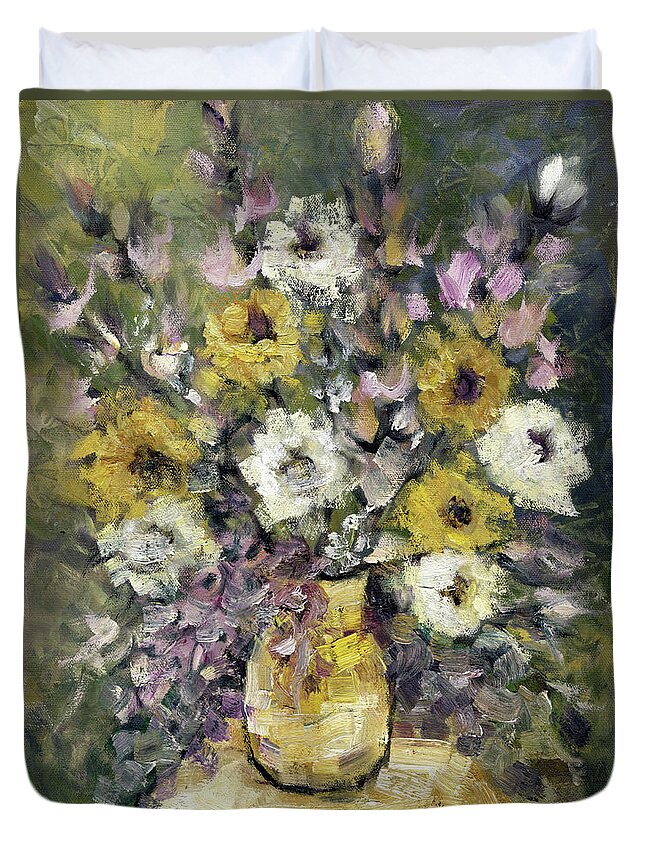 Impression Duvet Cover featuring the painting Impression of flowers bouquet yellow vase on white table purple flowers green background stained  by Rachel Hershkovitz