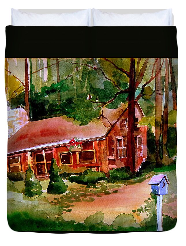 Cabin Duvet Cover featuring the painting In a Cottage in the Woods by Mindy Newman
