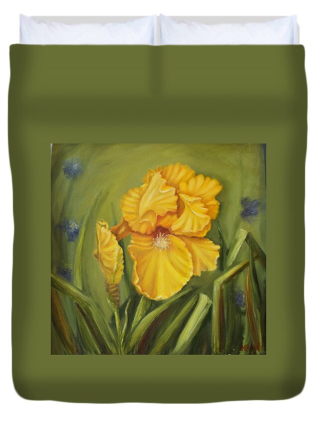 Yellow Duvet Cover featuring the painting Iris by Marlyn Boyd