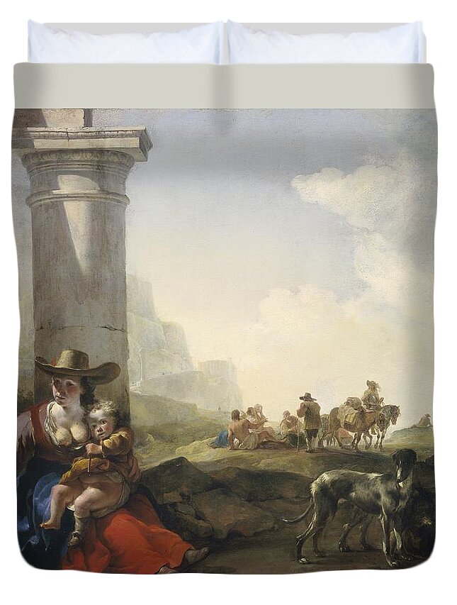 Italian Duvet Cover featuring the painting Italian Peasants among Ruins by Jan Weenix