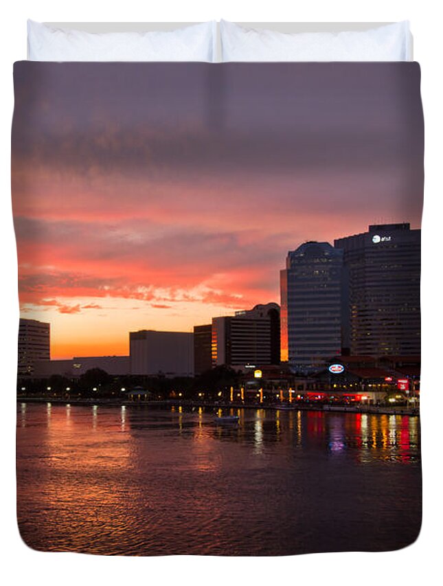 Clouds Duvet Cover featuring the photograph Jacksonville Skyline Night by Debra and Dave Vanderlaan