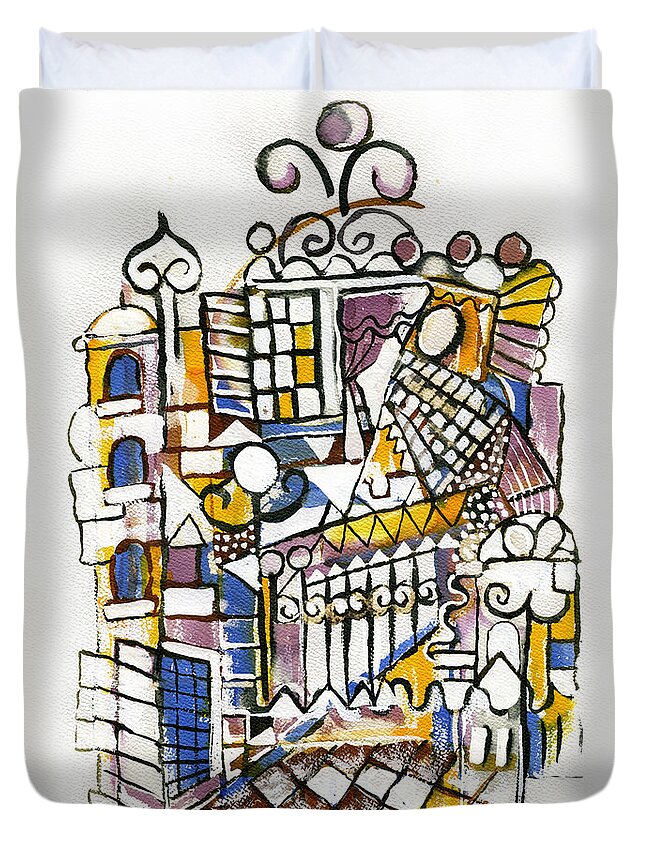 Jaffa Duvet Cover featuring the painting Jaffa Alleys 4 in blue yellow white by Rachel Hershkovitz