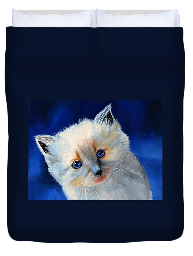 Kitten Duvet Cover featuring the painting Kitten in Blue by Vic Ritchey