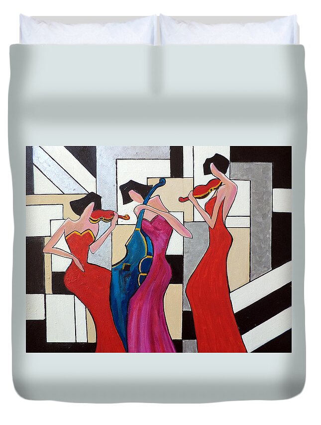 Ladies Duvet Cover featuring the painting Lady Musicians by Rosie Sherman