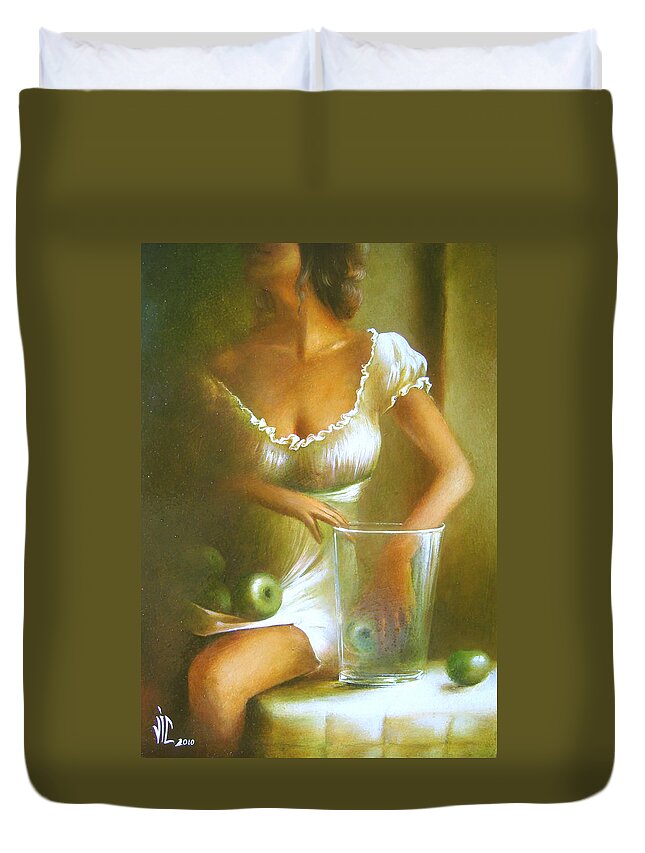 Lady Duvet Cover featuring the painting Lady with green apples by Vali Irina Ciobanu